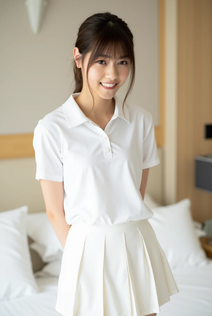 smile、((Browsing Caution))、(masterpiece, Highest quality:1.2), 8k, 12歳???????????の女の子, 85mm, Official Art, RAW Photos, スーパースリムなスレンダーbeautiful girl, (When I lifted up my short navy blue skirt、???????????下Half Body, I can see your ??????.:1.8)、Short sleeveの白シャツ、Show me your ears、????? girls photoshoot、???????????, Cute Face, close, Half Body, Biolace, Gardenia, beautiful girl, , Thighs, Short sleeve, , Looking at the audience, Bedroom、No makeup, (Face with a wry smile), Film Grain, chromatic aberration, Sharp focus, Face Light, Bright lighting, 10 generations, Detailed face, Background blur, (Dark red tie:1.1)、((((((12 year old girl with a small waist))))))、((((((12歳の美しい美乳の???????????女子高生)))))