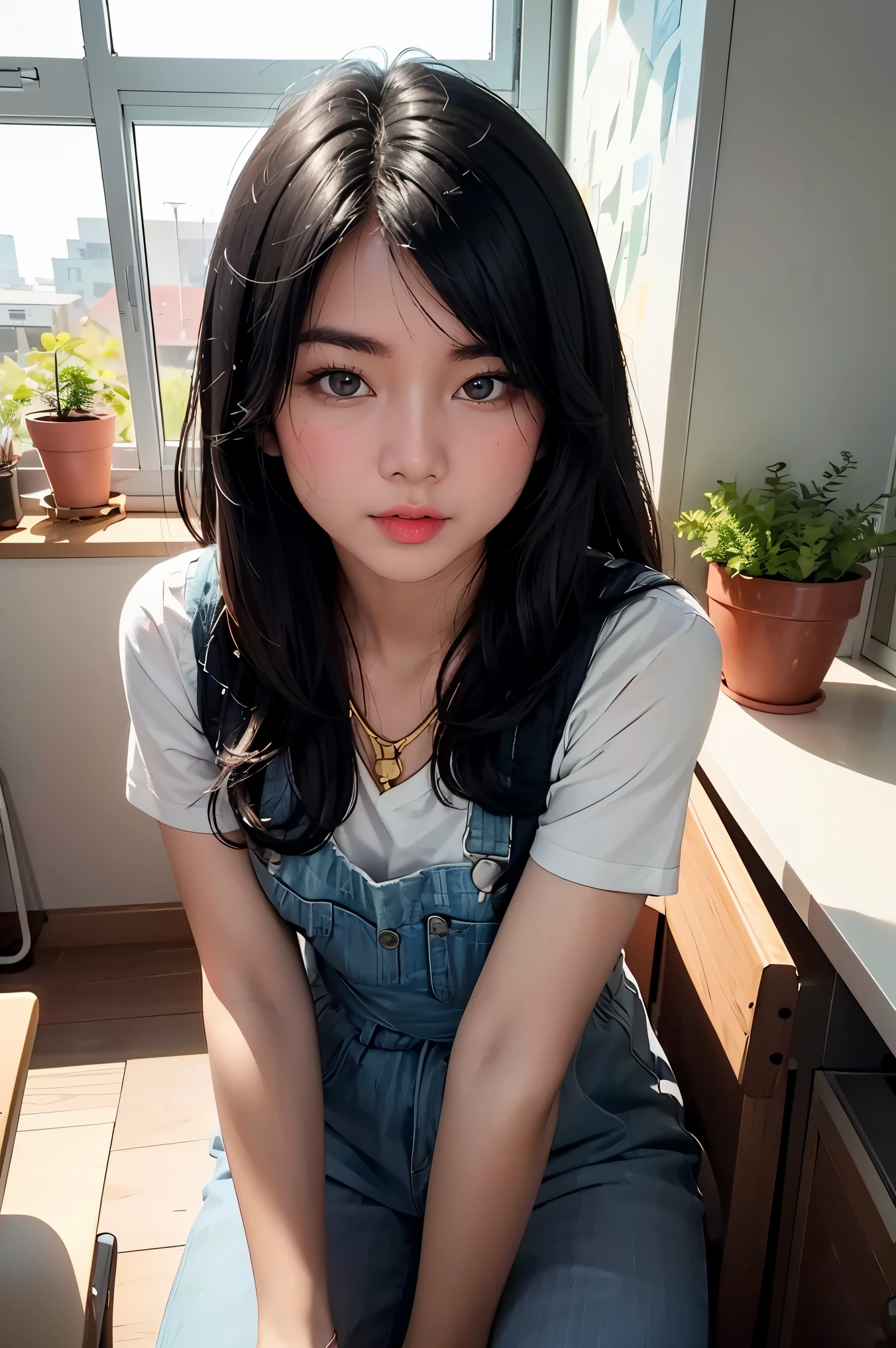 masterpiece,best quality,masterpiece,best quality,official art,extremely detailed CG unity 8k wallpaper,Slight retro color,riso print style,illustration,cute,1girl,Flowers,Windowsill,flowerpot,Drink coffee,.