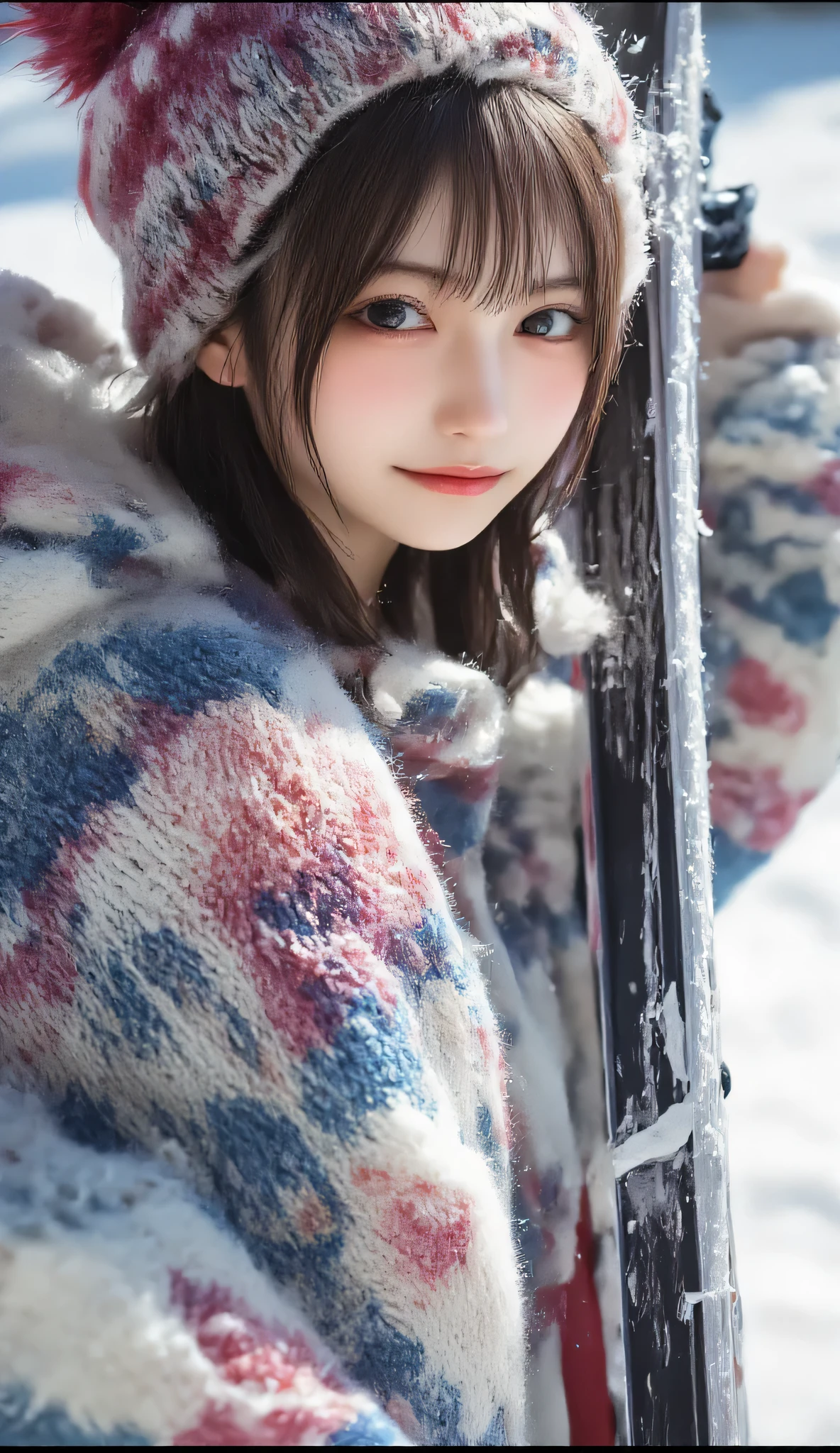 1 woman、high resolution, masterpiece, is anatomically correct, 最high quality of wavy lines, high detail, high quality of wavy lines, Ultra Fine, textured skin,  Hair, smiles, portrait photography, Aperture F2.8,Ski resort、 Snow Mountain 、Snowboarder、Ski wear holding a ski with both hands、with a lift on the back、knitted cap with hidden face、Ski goggles on the head、Japanese woman、20th Generation