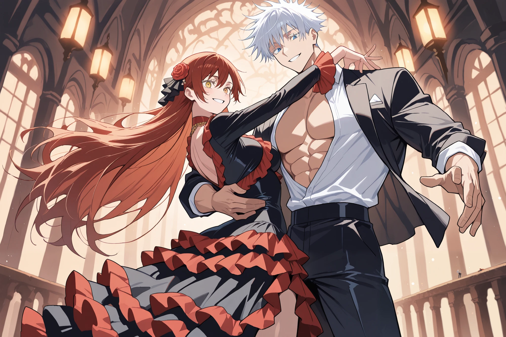 1 man, male focus, Gojo Satoru, Jujutsu Kaisen, white hair, short hair, blue eyes, colored eyelashes, sexy man, handsome, muscular, trained body, black suit, white shirt, open shirt jacket, flamenco outfit BREAK 1 girl, female focus, Ryu Shana, GOLDEN eyes, red hair, very long hair, (medium breasts), very cute, golden eyes, elegant flamenco dancer, black flamenco dress, red rose in hair, hair ornament BREAK duo focus, couple, hetero, smile, happy,(size difference, height difference), romantic, dynamic, flamenco dancer, dancing together, dynamic dance pose BREAK (masterpiece, best quality), best score, best anatomy, ultra detailed, amazing quality, very aesthetic, absurdres, highres, 2024, newest, HDR, 8K, high detail RAW color art, cinematic, cinematic lighting, cinematic shadows, cinematic composition, detailed background, (SuperQuality:1.2), IllusP0s, anime-reference, anime coloring, anime screenscap from jujutsu kaisen