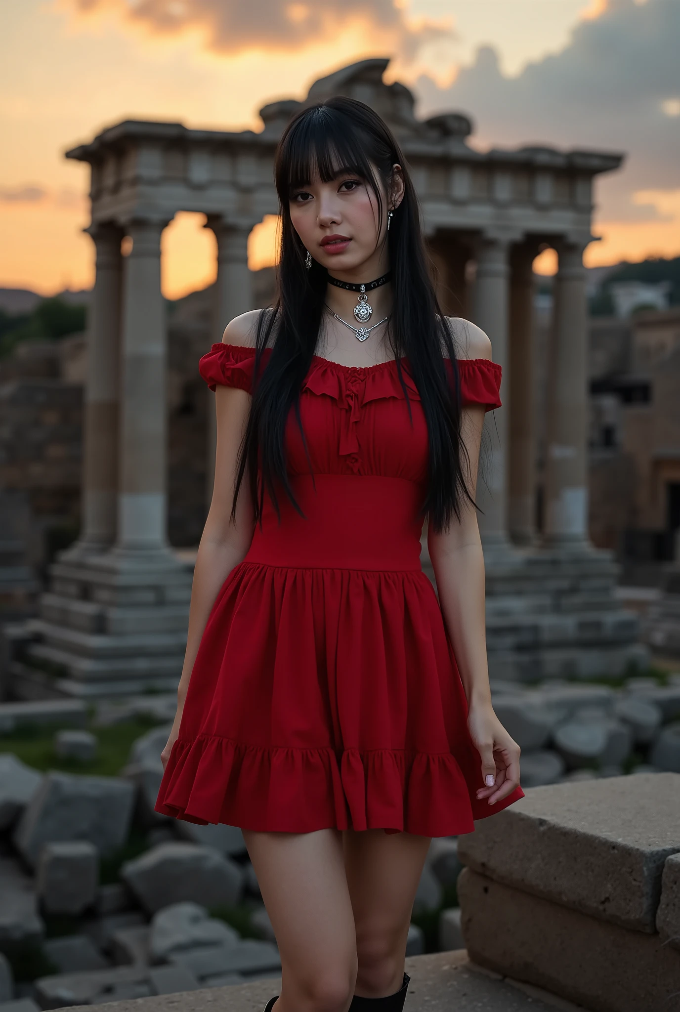 Create a stunning portrait of a beautiful Japanese female singer. She has a slender body, small bust, and thin legs, with long hair and bangs. She's wearing a red Gothic-style mini dress and Gothic makeup. The background features ancient Roman ruins, set during the evening, captured from a dynamic angle.