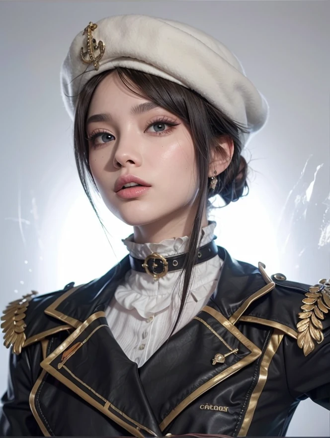 A woman wears a black Gothic style military uniform., Black military helmet with gold details., Iron cross symbol on a soldier's helmet, long white hair, conjunctivitis, black boots, In the autumn theme forest, (Just a woman, alone),HDR, very detailed, Extra resolution, Masterpiece. 8k HD.