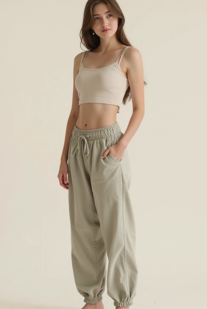 Beautiful woman Arafed in a white tank top and baggy khaki pants, usando um top cropped sexy, her navel is exposed, midriff exposto, usando crop top, wearing a tank top and baggy pants, usando uma camiseta regata de corte baixo, usando uma camiseta regata, usando um top cropped, roupa intrigante, usando um top cropped, wearing a sweater and baggy pants