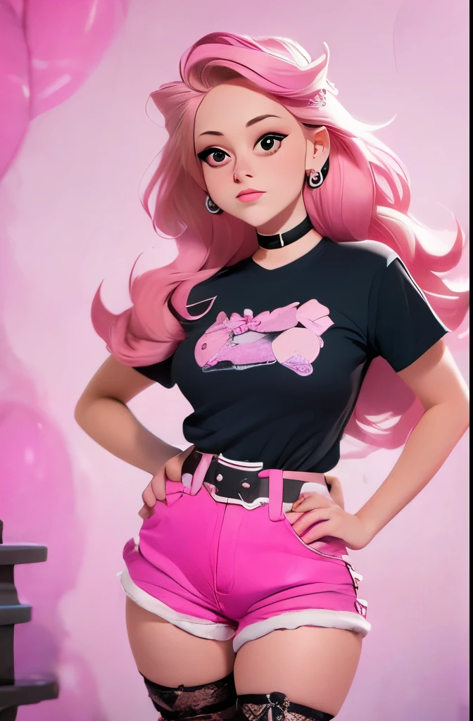 A close up of a woman with pink hair and a black shirt - SeaArt AI