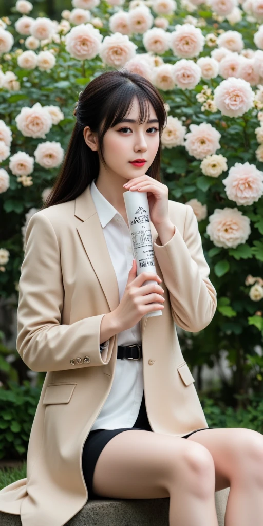(1 Korean girl with royal sister style), ((best quality, 8k, masterpiece: 1.3)), (front photo), perfect body beauty: 1.4, (smile), (Street: 1.3), highly detailed face and skin texture, delicate eyes, double eyelids, whitened skin, (air bangs: 1.3), (round face: 1.5), (work suit: 1.4), He is holding the product in one hand and showing it to the camera., Advertising model,sharp focus