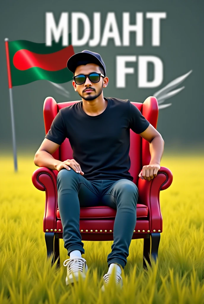 A physicaly fit boy around 17 year old sitting on a luxurious chair name "Daniyal" was written on his t shirt. Shirt color was green. And background representing 14 august independence day 
