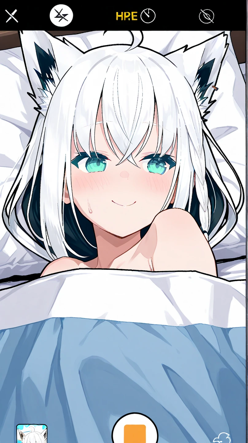 one girl, Shirakami Fubuki, fox ears, white hair, upperbody focus, yukata, beautiful, cute, be ready for sex, first night, lying on bed, naive, love me, shy, honeymoon