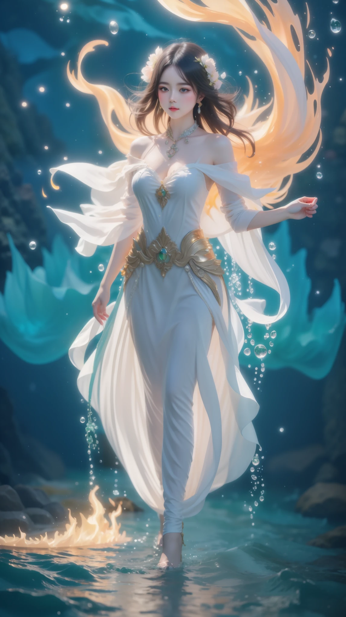 Young woman in a glowing dress is standing on the beach, flowing magical robe, lady with glowing flowers dress, luminous dress, light dress, blue swirling dress, glow wave, dress made of neon light, glowing flowing hair, magical dress, flowing robes, glowing with magic, luminescent fabrics, glowing oil, rippling fabric of reality, glowing liquid