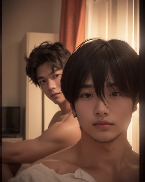 Photo Quality、A lot of cute handsome men、Mash Hair、Japanese male, 、Completely naked、Full nudity、erection、Huge penis、Highest quality、Realistic、beautiful、A large amount of draft beer、Beer cans on the wall、Inside the apartment、Dim lighting、Blowjob