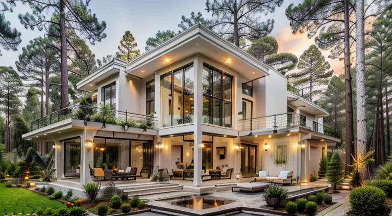 Masterpiece, high quality, best quality, authentic, super detail, exterior (white walls:1.5), walking path, garden lawn, natural stone slabs, tropical pine forest, (pine forest:1.5), garden lights, roof windows, chimney, smokestack, (sunset), led stairs, garden lights, BBQ, relaxing sitting space, leather sofa, outdoor wood furniture, umbrella, (soft lighting), vivid colour hight detailed, 8k uhd, dslr, film grain, Fujifilm XT3, AnNguyen_villadalat_v1