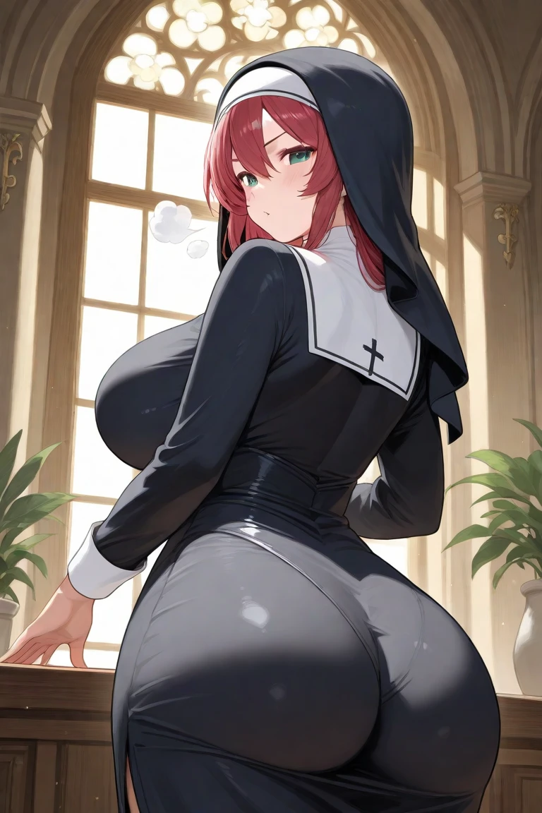 rosaria, rosaria, bags under eyes, hair between eyes, long eyelashes, multicolored hair, (purple eyes:1.1), purple hair, red hair, short hair, streaked hair, (medium breasts:1.2), BREAK bare shoulders, breasts, elbow gloves, fishnet pantyhose, fishnets, gem, gloves, gradient, nun, pantyhose, red gemstone, skindentation, thigh strap, tiara, white gloves,lace,
BREAK looking at viewer,
BREAK indoors, church,benches, candles, fire,
BREAK (masterpiece:1.2), best quality, high resolution, unity 8k wallpaper, (illustration:0.8), (beautiful detailed eyes:1.6), extremely detailed face, perfect lighting, extremely detailed CG, (perfect hands, perfect anatomy),from below, photo from back, from behind, back view,bend over.