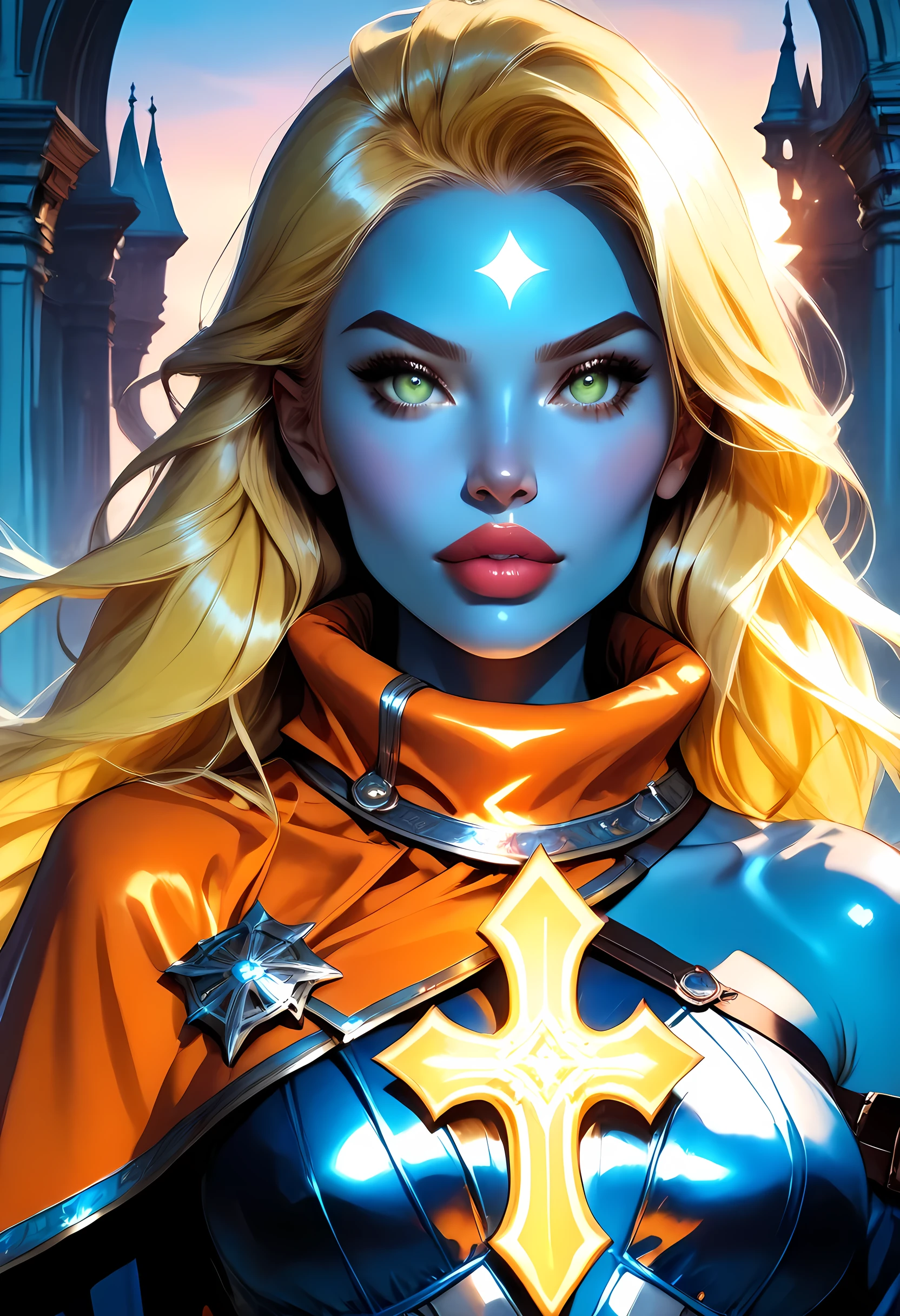 fantasy art, dnd art, RPG art, wide shot, (masterpiece: 1.4) a portrait,  intense details, highly detailed, photorealistic, best quality, highres, portrait a female ((blue skin: 1.5)), intense details facial details, exquisite beauty, cleric, ((cobalt blue skin: 1.5)) female, ((yellow hair: 1.5)), long hair, (((no ears: 1.5))), (green eyes: 1.3), armed with a fiery sword red fire, wearing (twilight priestly combat vestments: 1.5), wearing high heeled laced boots, wearing an (orange cloak:1.3), wearing glowing holy symbol, within fantasy temple background, reflection light, high details, best quality, 16k, [ultra detailed], masterpiece, best quality, (extremely detailed), close up, ultra wide shot, photorealistic, RAW, fantasy art, dnd art, fantasy art, realistic art,((best quality)), ((masterpiece)), (detailed), perfect face, fantasy, Cinematic Shot, commix style