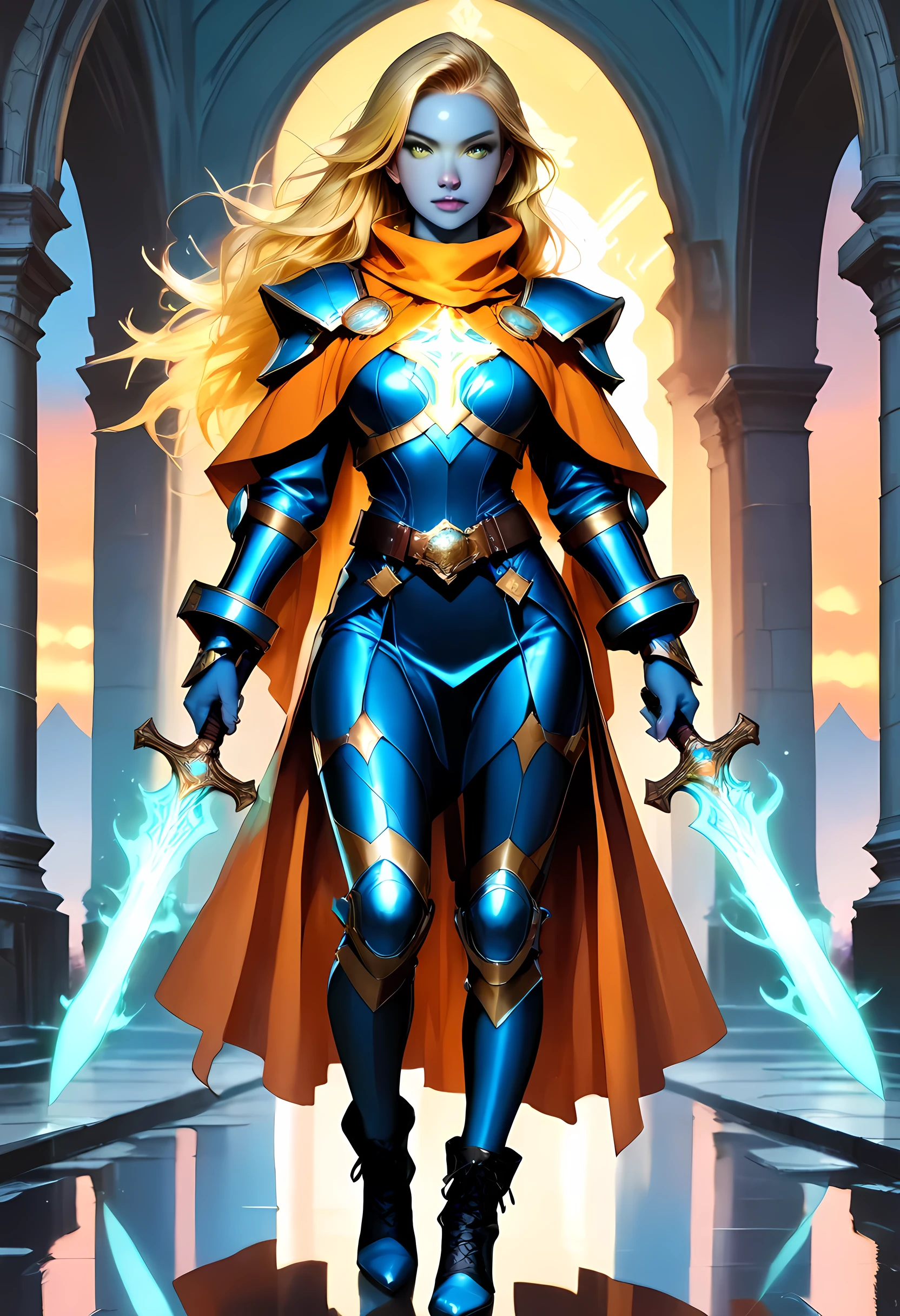 fantasy art, dnd art, RPG art, wide shot, (masterpiece: 1.4) a portrait,  intense details, highly detailed, photorealistic, best quality, highres, portrait a female ((blue skin: 1.5)), intense details facial details, exquisite beauty, cleric, ((cobalt blue skin: 1.5)) female, ((yellow hair: 1.5)), long hair, (((no ears: 1.5))), (green eyes: 1.3), armed with a fiery sword red fire, wearing (twilight priestly combat vestments: 1.5), wearing high heeled laced boots, wearing an (orange cloak:1.3), wearing glowing holy symbol, within fantasy temple background, reflection light, high details, best quality, 16k, [ultra detailed], masterpiece, best quality, (extremely detailed), close up, ultra wide shot, photorealistic, RAW, fantasy art, dnd art, fantasy art, realistic art,((best quality)), ((masterpiece)), (detailed), perfect face, fantasy, Cinematic Shot, commix style