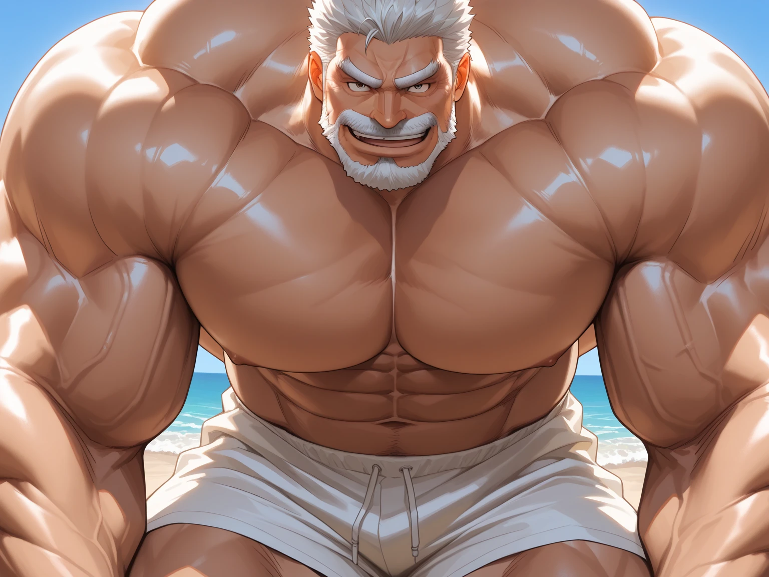 1 male, old male, muscular, topless, sitting on beach, green eyes Hawaii, <lora:leo leibling3:0.5>ï¼ Beach Pantsï¼printed shirtï¼ dutch angle