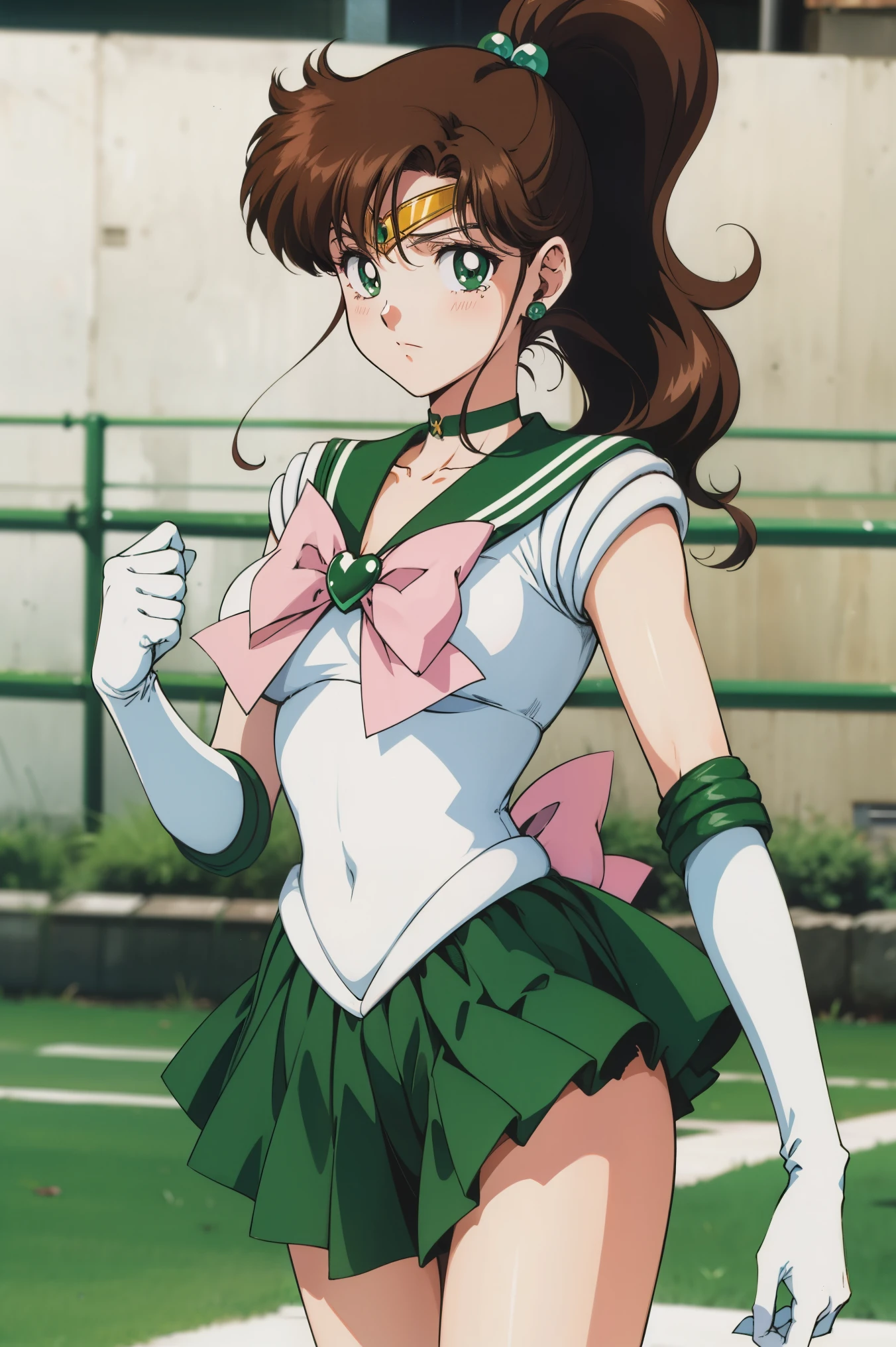 BEST QUALITY, Downwards high-resolution , 1990s \( style \), retro art style , 1990s anime cels style , sailor jupiter, fight , sailor warrior uniform , green sailor collar , white gloves, Green Pleated Skirts, pink ribbon , ponytail, jewelry, earrings、(torn clothes、)、 With movement、廃墟で fight 、Torture scene、 popup,tears、、 sad