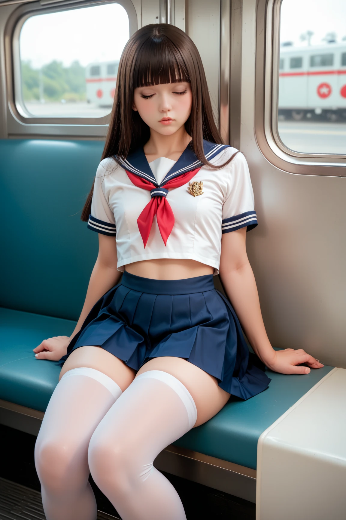 Black hair, Twin-tailed, Torogao, POV, NFSW, masutepiece, Textured skin, 4K、Sexy costume、School Sailor Uniform、1girl in, an legs, Beautiful fece, masterpiece, top-quality ,beauty legs,Opening legs、Spread legs,Show panties、On the train
