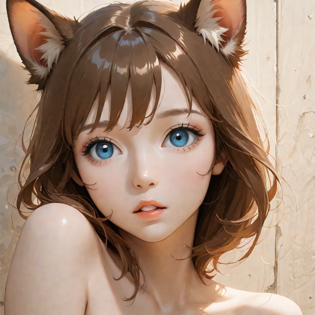 ((Masterpiece)), (Anime:1.3), ((best quality)), (RAW photo:1.2), (High Definition:1.3), (Professional Photography:1.2), (chromatic aberration), (wide shot:1.3), Textured skin, cinematic lighting, (12 years old), 1girl, (Cute teenage beautiful Girl),BREAK, ((best quality)), ((glossy lips)), beautiful brown eyes, (cute eyes:1.5), Cat ears, (Pale brown hair), unruly hair, medium hair, (long bang), (innocent smile), Open mouth, BREAK, ((exposed naked nipples)), (super detail naked nipples:1.3), Small areola, naked Slender body, exposed naked small breasts, sweaty, Beautiful small breasts, (lean on the big tree:1.4), (High Definition:1.3),