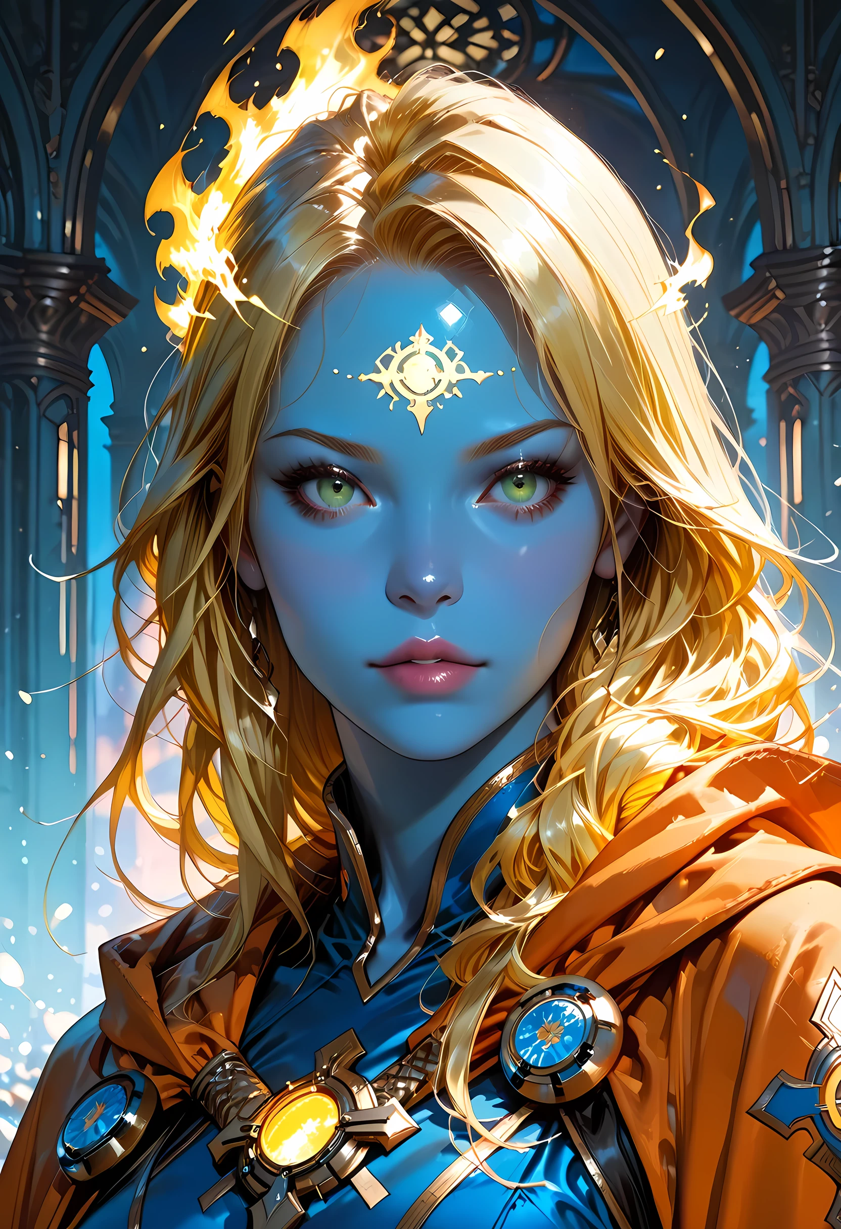 fantasy art, dnd art, RPG art, wide shot, (masterpiece: 1.4) a portrait,  intense details, highly detailed, photorealistic, best quality, highres, portrait a female ((blue skin: 1.5)), intense details facial details, exquisite beauty, cleric, ((cobalt blue skin: 1.5)) female, ((yellow hair: 1.5)), long hair, (((no ears: 1.5))), (green eyes: 1.3), armed with a fiery sword red fire, wearing (twilight priestly combat vestments: 1.5), wearing high heeled laced boots, wearing an (orange cloak:1.3), wearing glowing holy symbol, within fantasy temple background, reflection light, high details, best quality, 16k, [ultra detailed], masterpiece, best quality, (extremely detailed), close up, ultra wide shot, photorealistic, RAW, fantasy art, dnd art, fantasy art, realistic art,((best quality)), ((masterpiece)), (detailed), perfect face, fantasy, Cinematic Shot, commix style