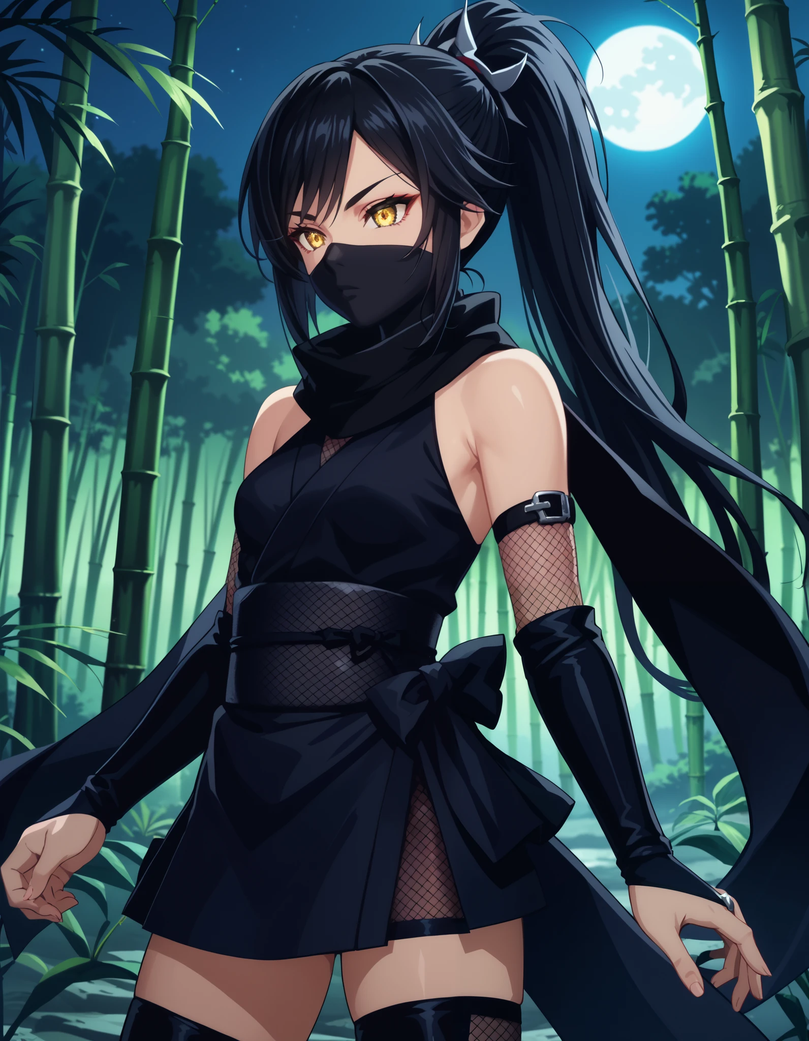 score_9, score_8_up, score_7_up, source_anime, anime_screencap, solo, 1girl, yellow eyes, detailed eyes, black hair, very long hair, ponytail, mouth mask, black mask, sidelocks, black scarf, bare shoulders, ninja, fishnets, black scarf, black bridal gauntlets, sash, black obi, small breasts, black thighhighs, bamboo forest, night, coeboy shot