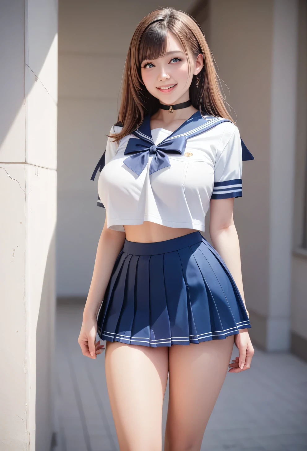 score_9, score_8, score_8up, score_7, best quality、masterpiece, solo、((sailor suit, mini skirt, uniform, Summer clothes)), big breasts, ((layered haircut)), slender body, slim face(8k,best quality), shooting from medium distance, adorable by design, smile, long brown hair, 32K, masterpiece, best image quality, super high resolution ,perfect hands,black choker、almond eye、bungs、 very thick and long eyelashes , ((Big Breasts))、student、Dreamy look、natural makeup、