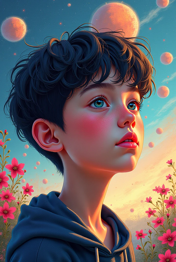Close-up of a cute boy with a bird in his hair, trending on artstration,  glossy digital painting, Digital painting style, Beautiful digital illustration, Mysterious eyes. rich and vivid colors, beautiful digital painting, beautiful digital art, stunning art style, [ 4 K digital art ]!!, high quality digital painting, high quality portrait