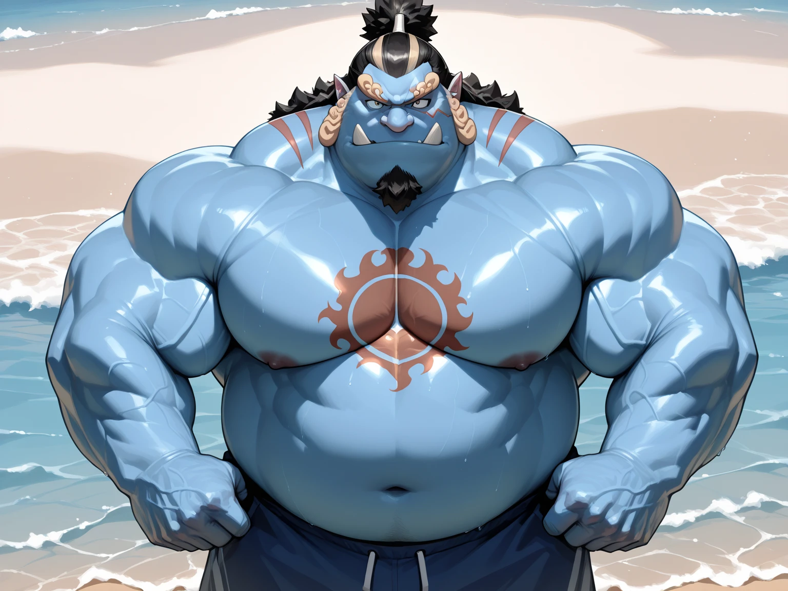 chubby man (jinbei) standing in beach, blue skin, muscular, chest tattoo, beach, palm, realistic, 8k, masterpice, (shirtless, nude, topless. wearing shorts)