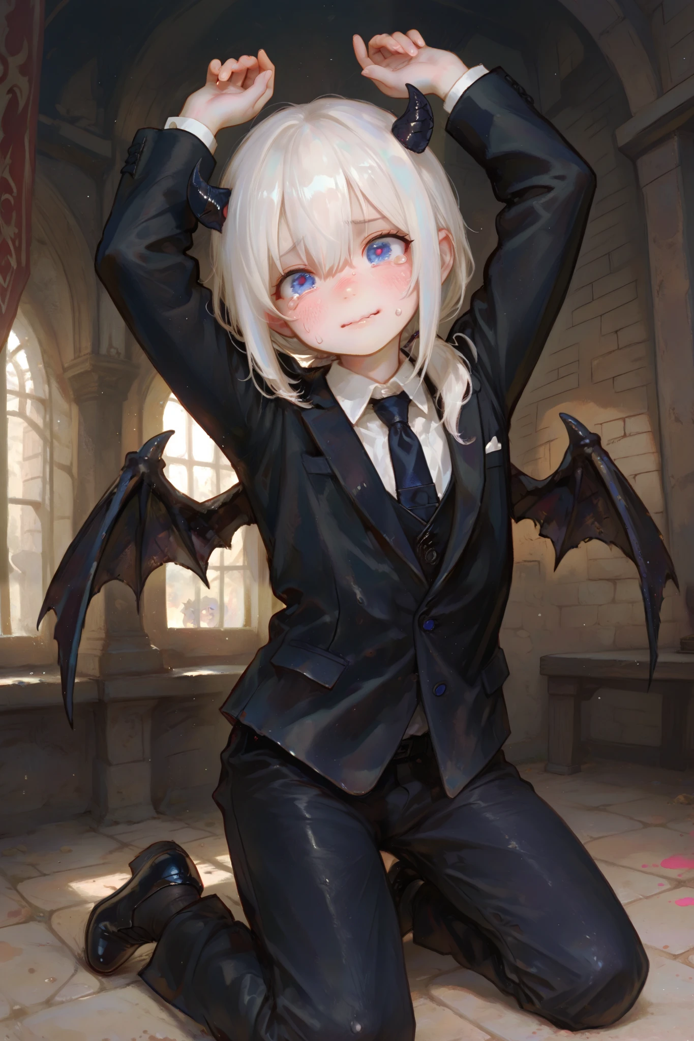 masterpiece, best quality, Detailed Eyes, boy, fantasy, kawaii, coward, blue eye, low ponytail white hair, younger brother, young face, clumsy, cute face, semi realistic, 8k, black suit, black jean, nervous face,black devil wings, black tiny devil horns, solo charactor, arms up straightly, kneel pose, tearing, no tail