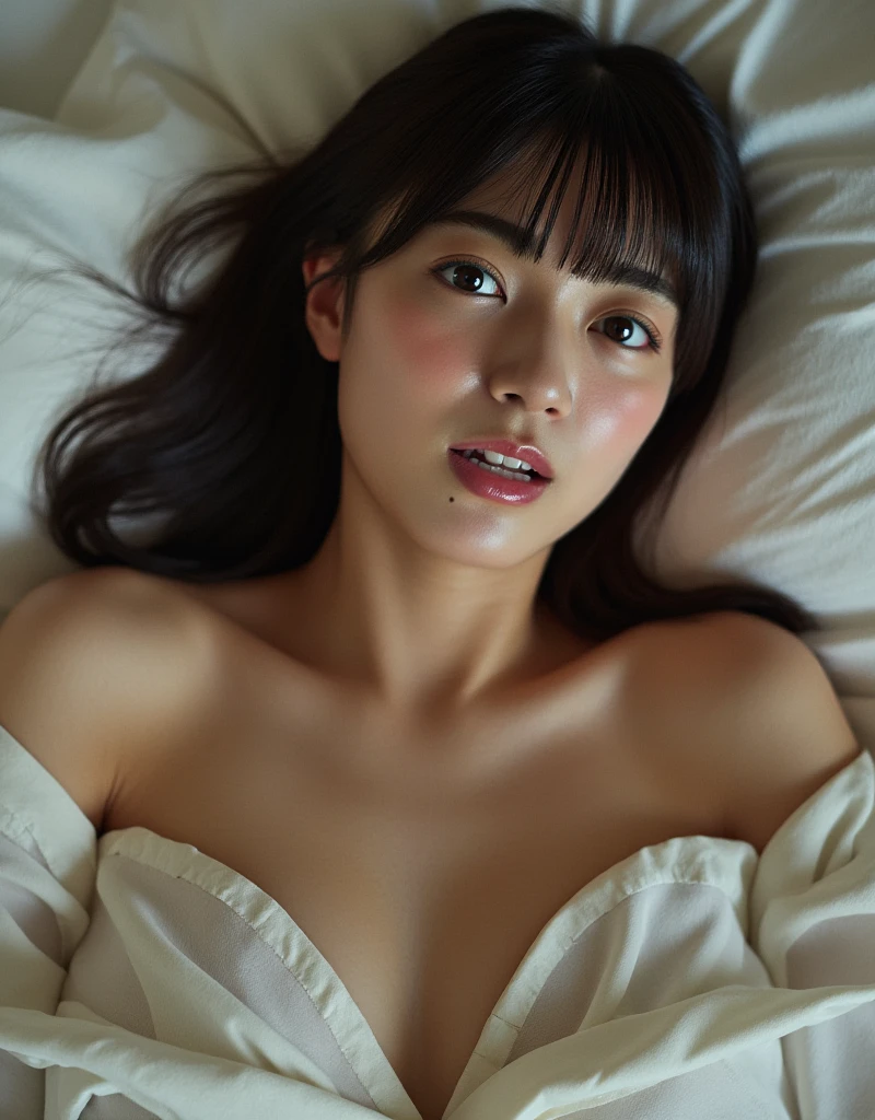 Highest quality、8K、masterpiece、Ultra-high resolution、Clear Photograph、Realistic photograph、Realistic、Professional Lighting、photograph、Very cute girl、Black hair lob、Japanese women、Very slim、Wear lacy white:1.6、(Take a full body photograph)、(Lie on your back on the bed.:1.6、Staring straight ahead)、(Photograph from directly above)