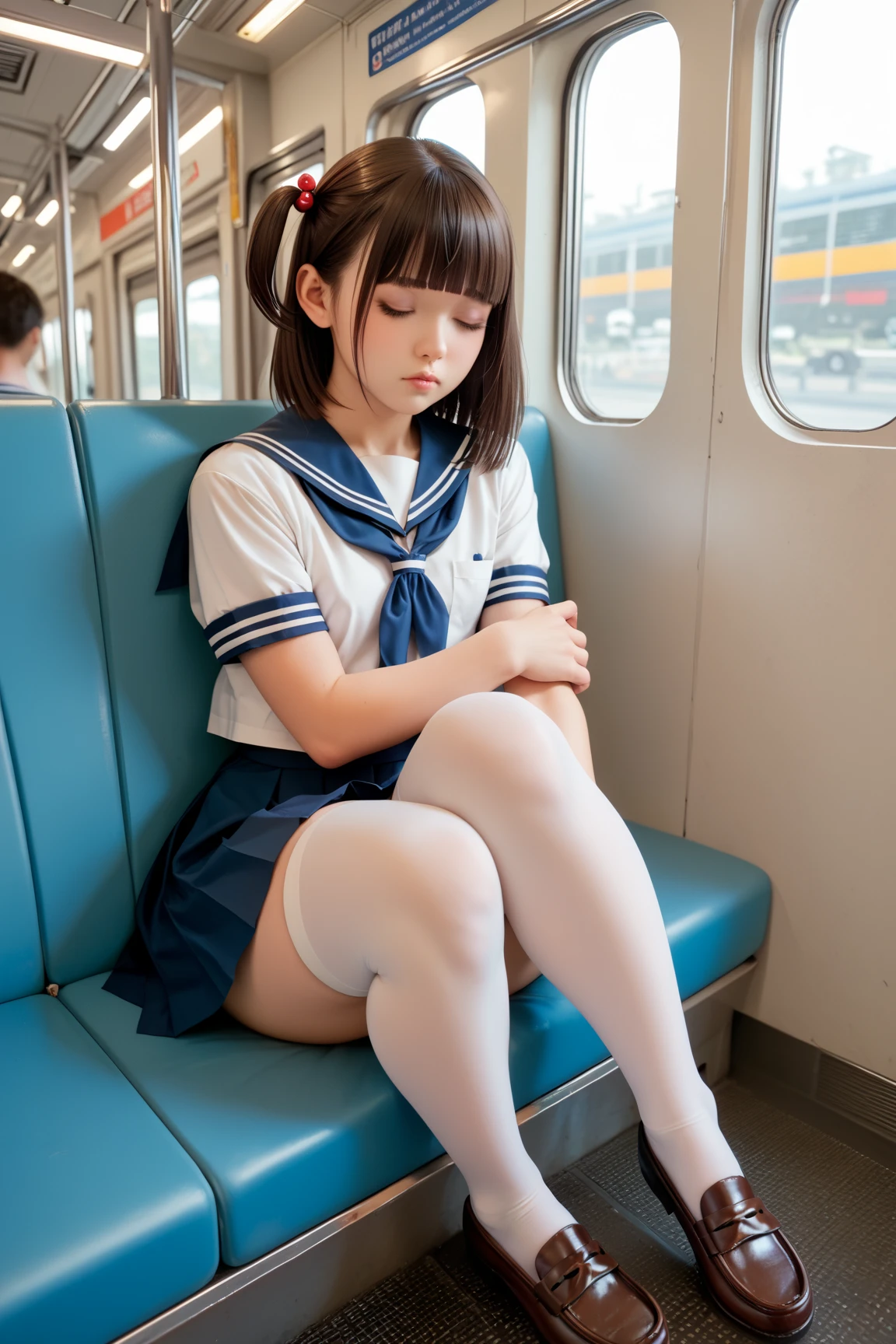 score_9, score_8_up, score_7_up, uncensored, realistic, in train, tokyo, from below,
1girl, cute, japanese, black hair, long hair, bangs, half closed eyes, open mouth, tongue out, huge breasts, navel,
school_uniform, sailor_uniform, dark blue skirt, lifted skirt, black panties,
sitting seat, spread legs,