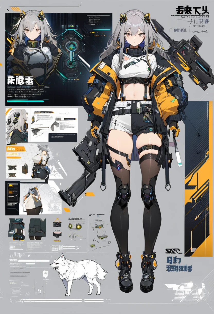 1人, character design(reference sheet:1.5), (Cyborg character design, Front, back, Side) schoolgirls, half-mechanical,Uniform, Topical tattoos,Bare leg leakage