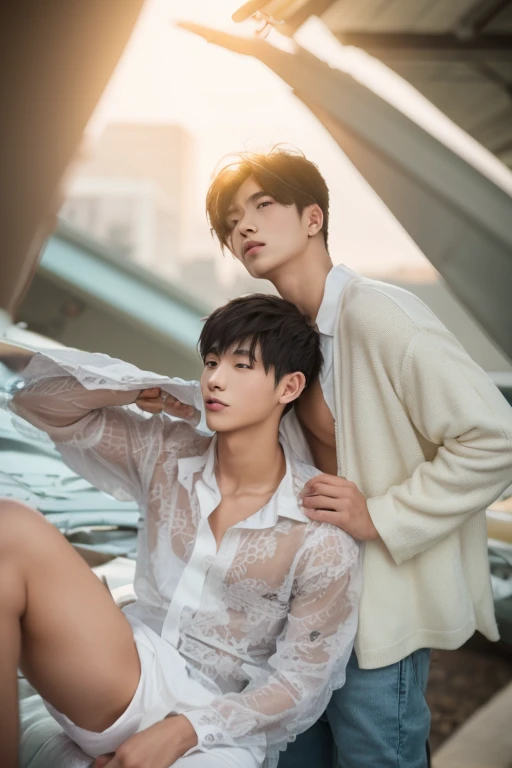 (Chinese Handsome: 1.5), Two Men Sitting Together, Green Theme, White Shirt, Business Elite, Realistic Details, Realistic Photos, Textured Skin, Sleeping with Eyes Closed, 18 years old boy, studio, model, long legs