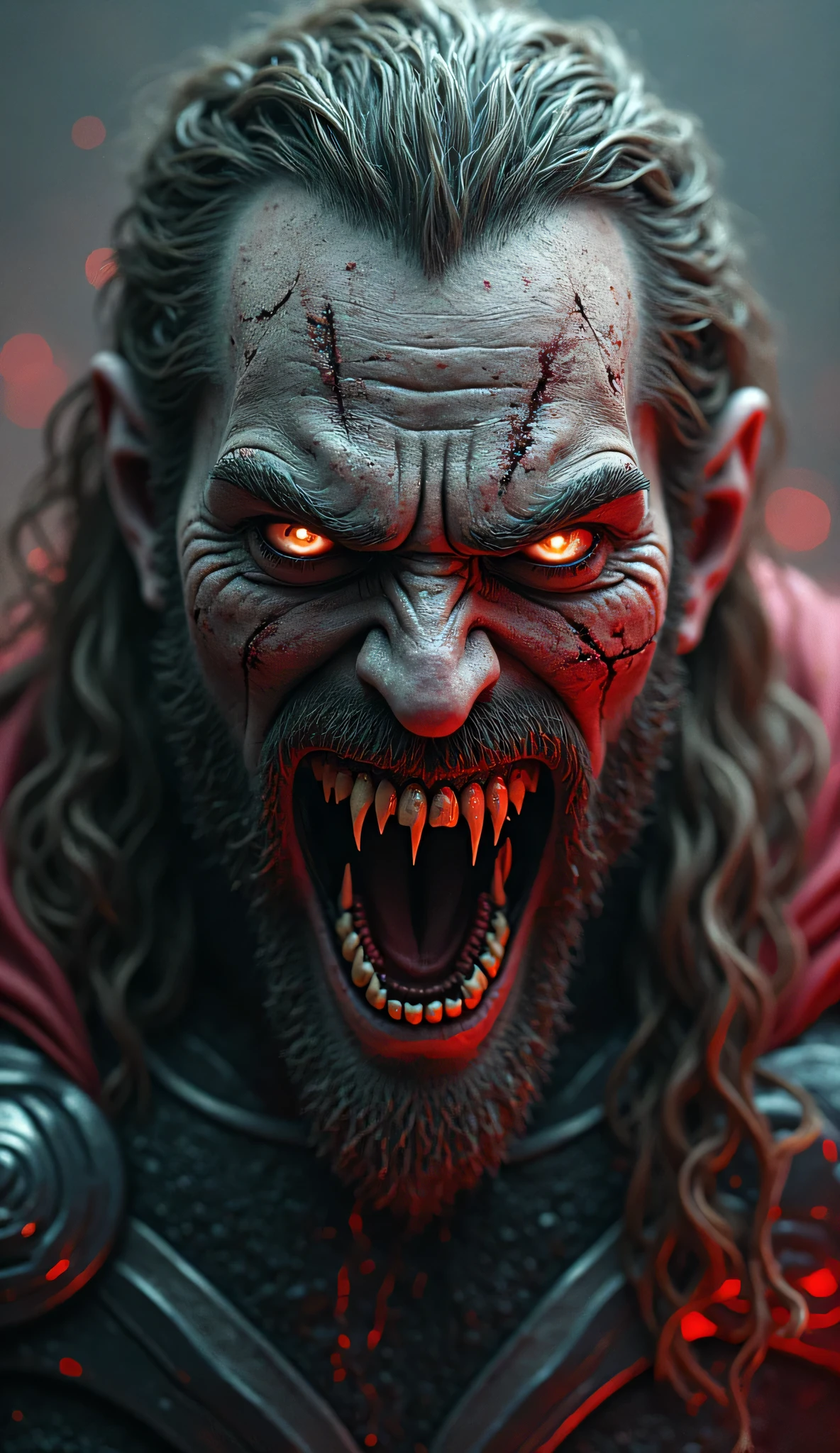 Dramatic thor as a zombie covered in wounds and blood all over and opened its mouth showing its teeth and ready to bite, lightning on the background, cinematic, extreem realistic, extreem detailed, extreem Sharp, middle close-up shot
