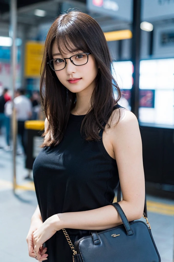 (8K、Raw photo、Highest quality、masterpiece:1.2)、(Hentai Realism、Photorealistic:1.37)、Super detailed、Ultra-high resolution、1 girl、Seeing the viewer、Beautifully detailed face、Laughter、shrink、(Slim waist) :1.3)、Shortcuts、Beautifully detailed skin、Skin Texture、Floating Hair、Professional Lighting、Waiting for the train on the platform、（Black-rimmed glasses 1.3）、Full Body Lesbian、Brown Hair