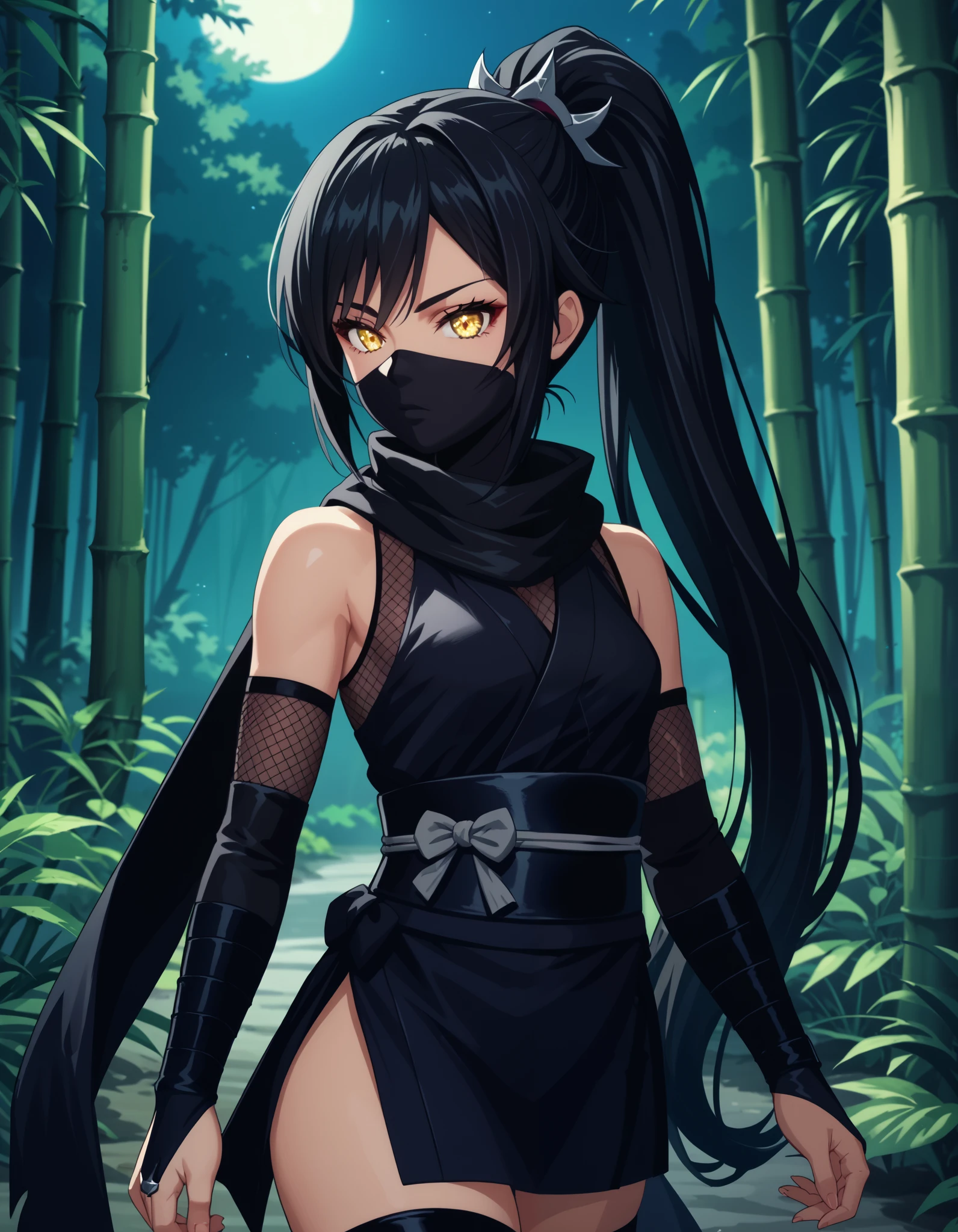 score_9, score_8_up, score_7_up, source_anime, anime_screencap, solo, 1girl, yellow eyes, detailed eyes, black hair, very long hair, ponytail, mouth mask, black mask, sidelocks, black scarf, bare shoulders, ninja, fishnets, black scarf, black bridal gauntlets, sash, black obi, small breasts, black thighhighs, bamboo forest, night