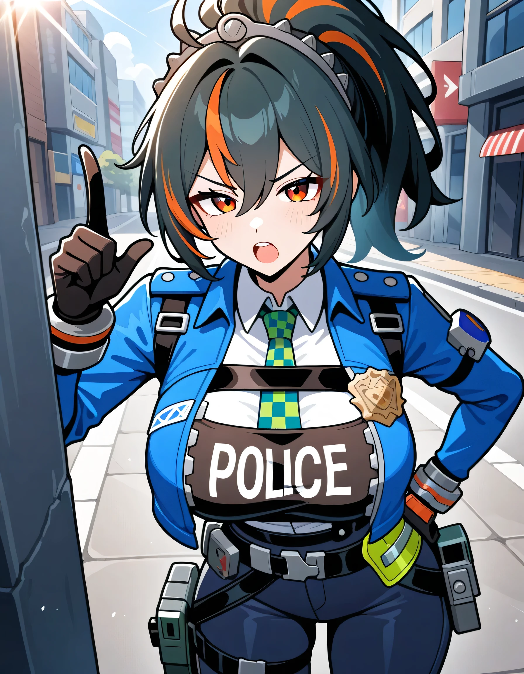 1girl, zhu yuan, zenless zone zero, An illustration girl with streaked hair. She is wearing police uniform with a green checkered necktie and a blue jacket. She gives a stern warning to the man who illegally dumped the trash. close-up, looking at viewer, streaked hair, policewoman, metal hairband, necktie, jacket, index finger raised, hand up, hand on own hip, leaning foward, annoyed, open mouth, street, sunlight, masterpiece, best quality, very aesthetic, absurdres