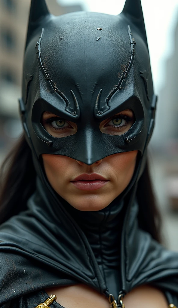 masterpiece, best quality, illustration, {beautiful woman with detailed Batman cosplay}, gorgeous detailed brilliance. Night. Cloudy. Dark. Gloomy weather. Little contrast. Film photography. Realism. Realistic art