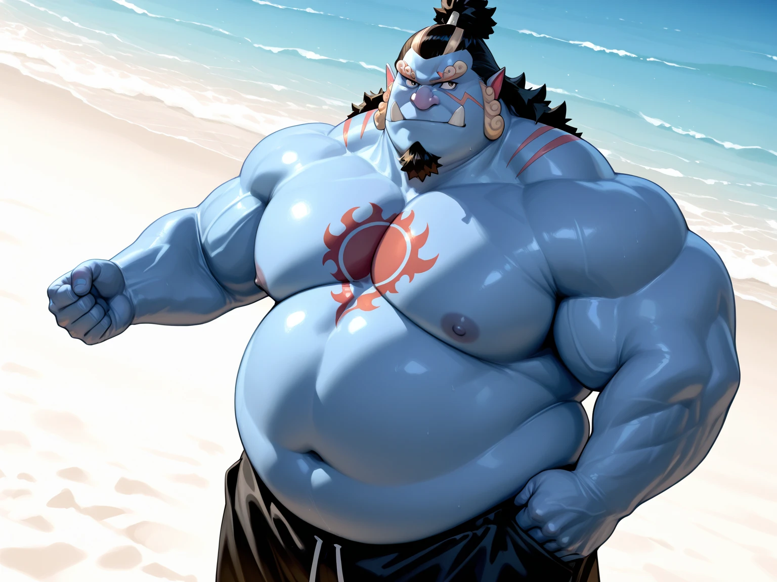 chubby man (jinbei) standing in beach, blue skin, muscular, chest tattoo, beach, palm, realistic, 8k, masterpice, (shirtless, naked topless.)