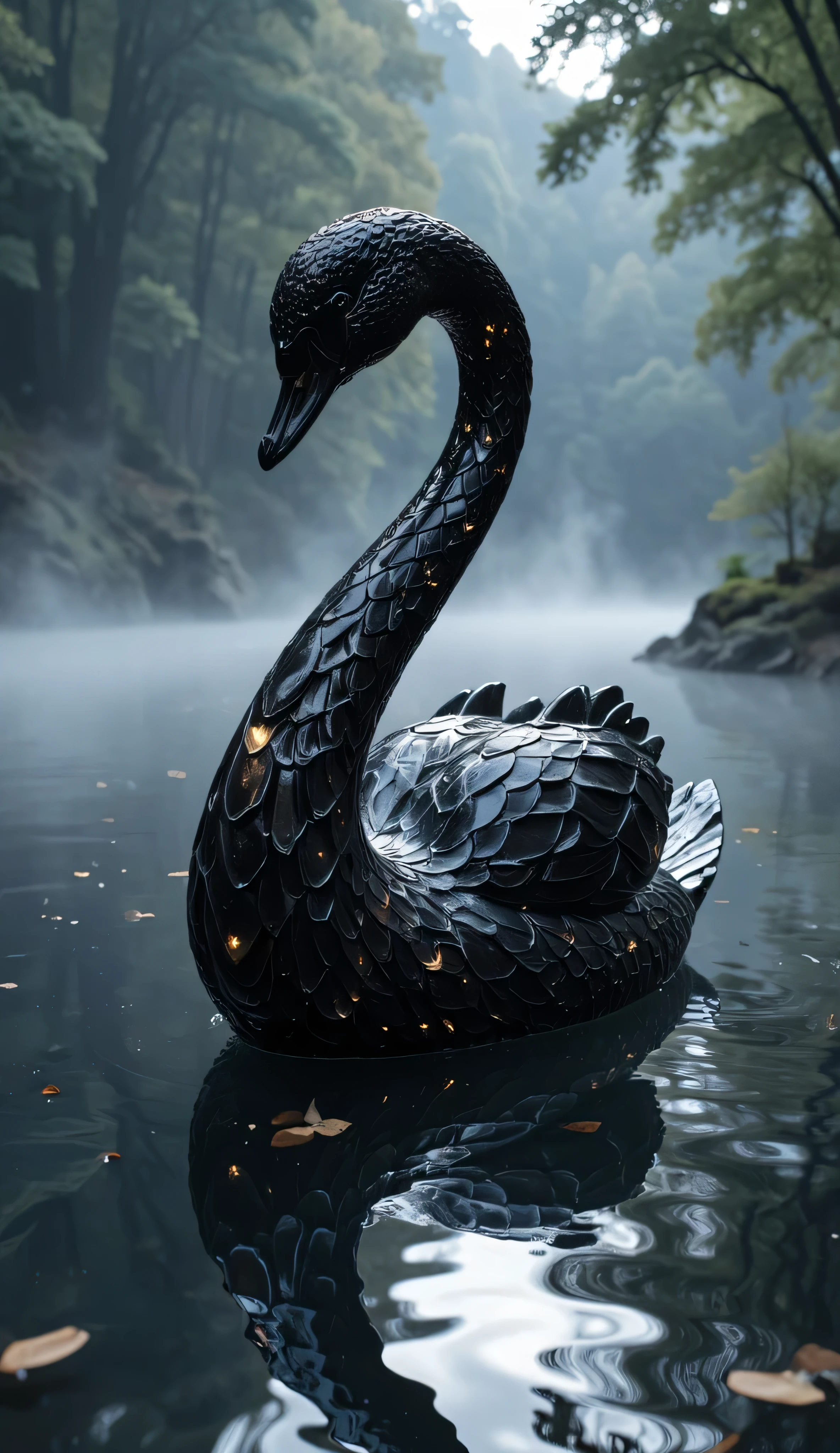 "A swan sculpted entirely in light black diamond floats above a serene lake. Suas penas, made of intricate layers of cut crystal, reflect light with a subtle and elegant glow. Its curved neck and refined beak highlight its noble appearance, while the surrounding water captures the reflections of this dark diamond, creating an impressive visual effect . The surrounding environment is mysterious and sophisticated, with a light mist hanging over the lake, intensifying the magical atmosphere of the scene."