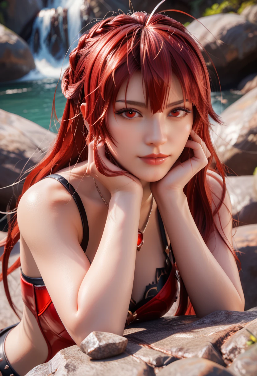 A realistic red haired girl, adapt the exact same hairstyle,Realistic beautiful face, realistic shy smiling expression, adapt Exactly the same clothes, realistic big breasts,Realistic light, realistic shadows, realistic background
