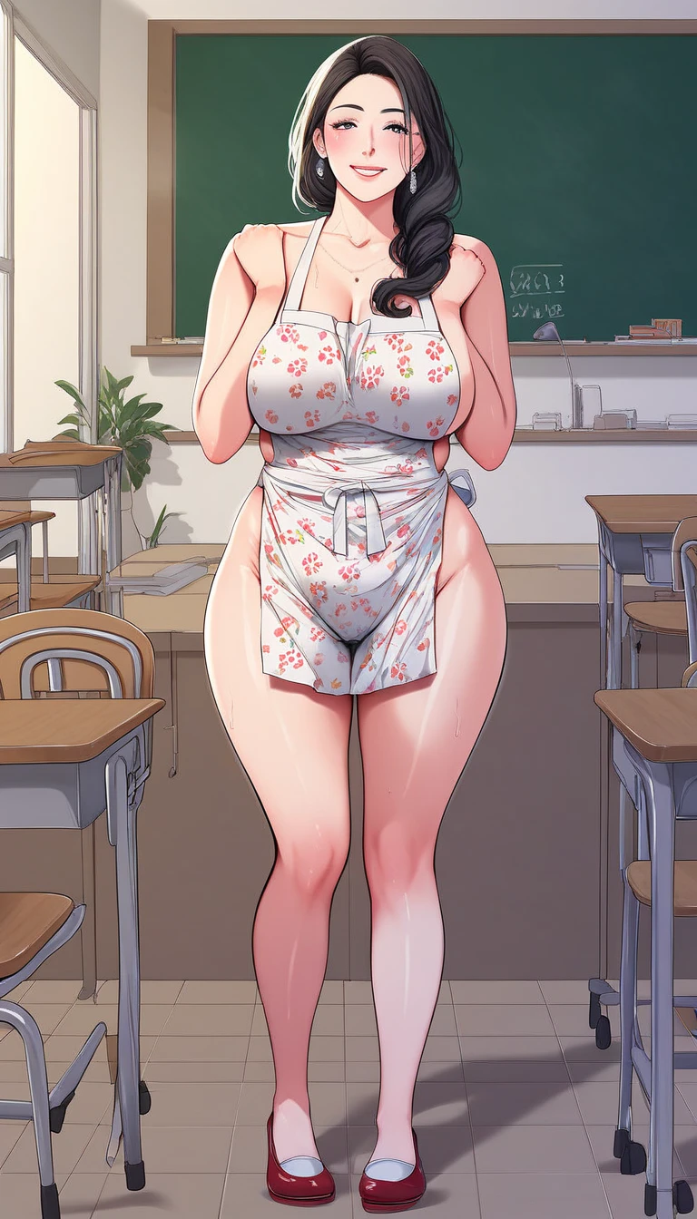 nsfw,1 woman, teacher, Very long, straight black hair, Thin eyebrows, Large Breapless,White lace panties,,Blh heels, Front view, View from below, Full Body Shot, In an empty classroom, Blushing, Embarrassing, eyes half open, A look of contempt,Angry expression,Are standing, Open your mouth wide, She has her legs open, ,Obscene pubic hair
