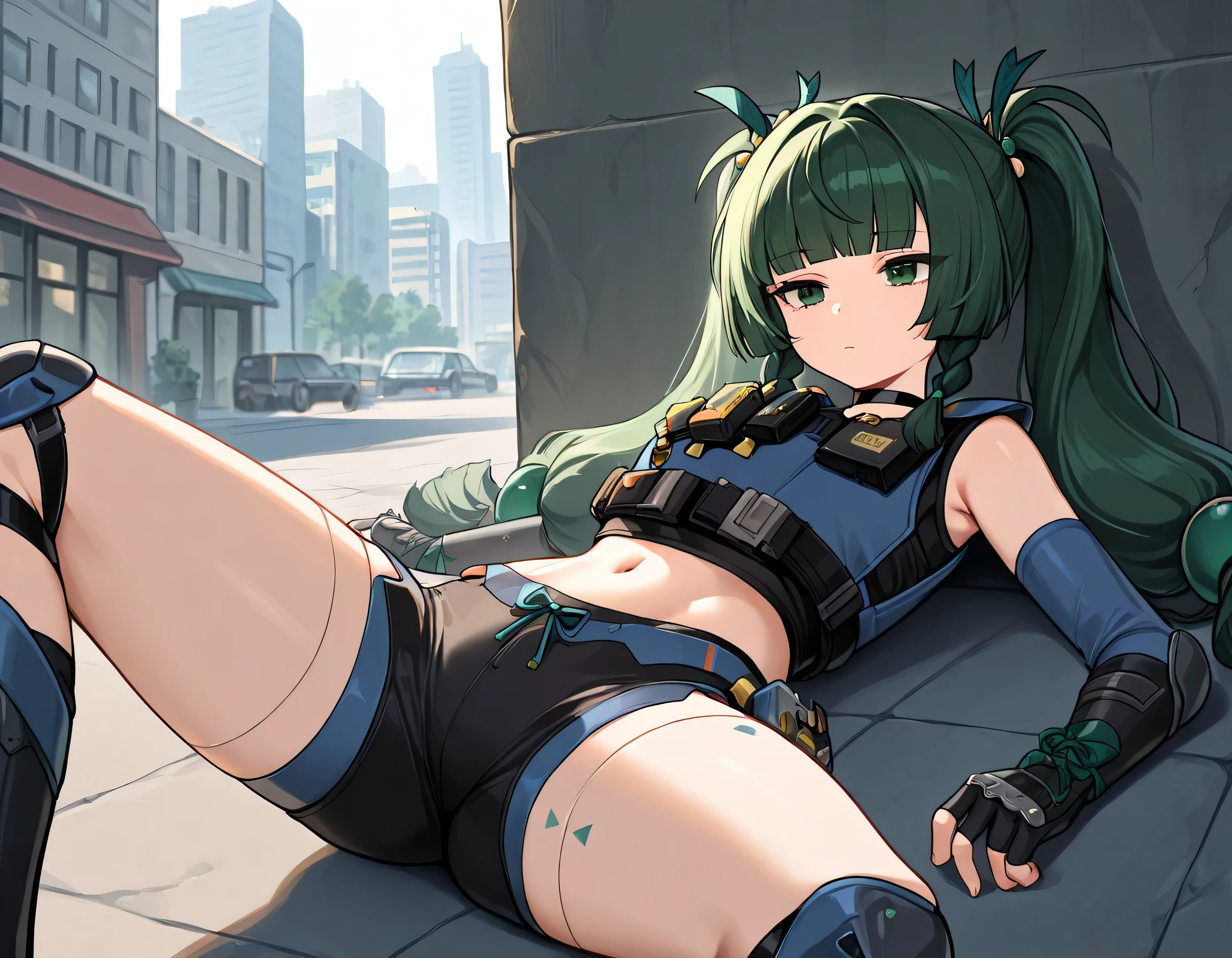 masterpiece, best quality, solo, 1girl, q1ngyi, robot joints, expressionless, long hair, green hair, blunt bangs, twintails, twin braids, hair ornament, green eyes, tactical clothes, crop top, black gloves, elbow gloves, fingerless gloves, black shorts, short shorts, knee pads, black choker, stomach, navel, outdoors, city street , be unconscious , laying on floor , spread arms , spread legs , stretch legs
