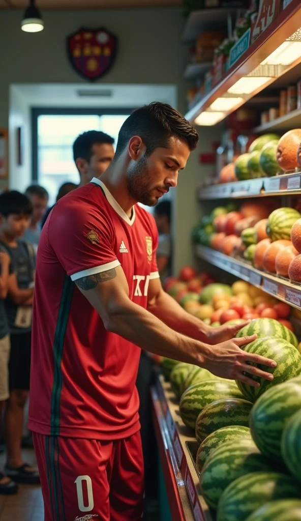 hairy daddy shopping in supermarket, looking at viewer, smile, glasses, wearing tight tee-shirt, short shorts, flip flops, muscular, dynamic lighting, HDR, holding fruit