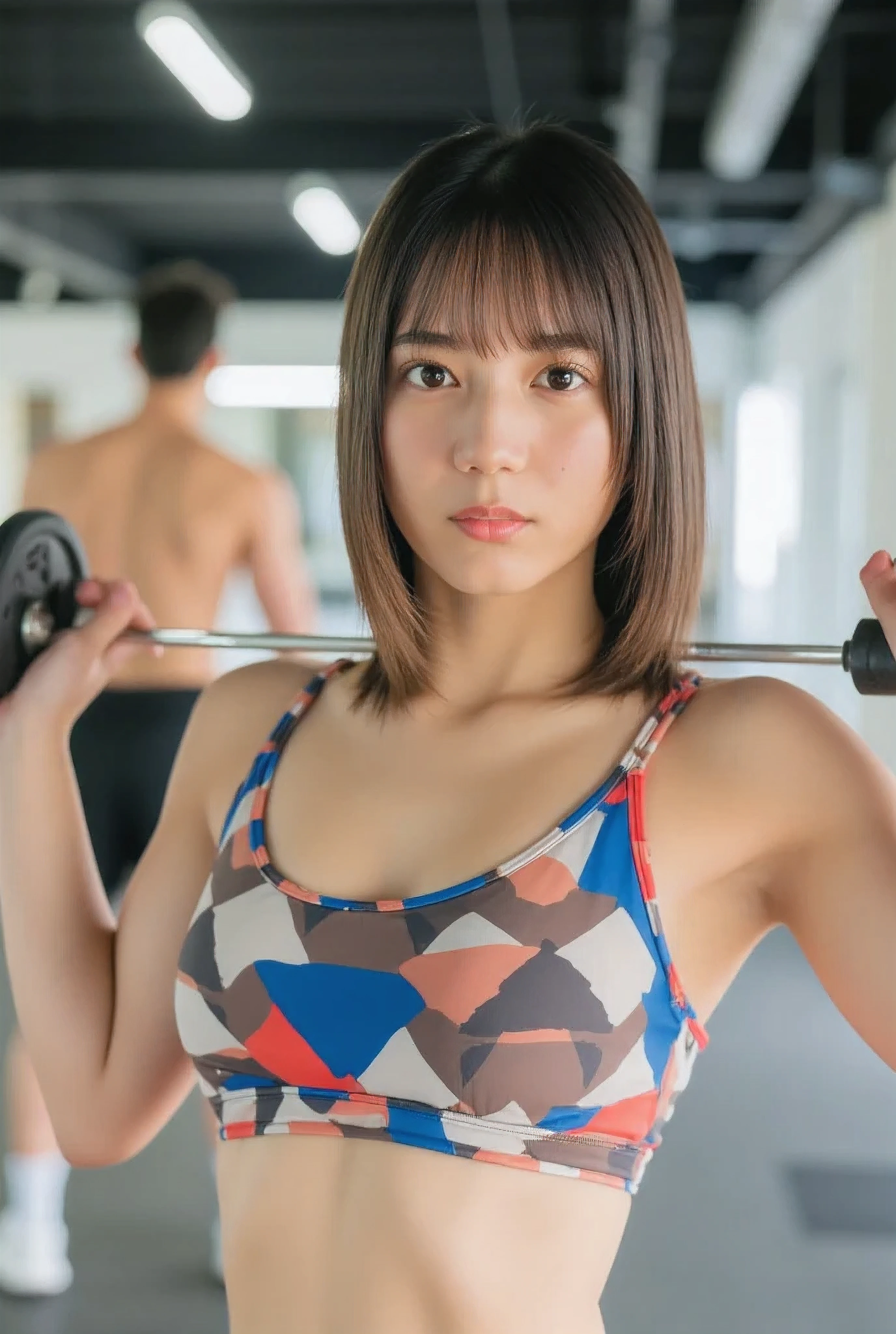 One woman, she wears A colorful sports bra, She's about to do weight training, serious face, closed up shot, (from above, look viewer: 1.5), (top quality, masterpiece:1.2), highly detailed , high res, 8k Wallpaper, Biologically natural joints, biologically natural fingers, Real textured skin, white skin, Eyes with Attention to Details , 20 years old, cute Japanese woman, (Delicate skeleton, unmuscular, skinny body :1.6), In a lively and bright gym, in the background are many people exercising, hfsportthong,