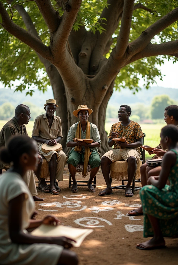A group of Jamican Rastafarian farmers enjoying a reprieve from the fields are sitting around the outside of their huts making reggae music. The leader is on lead guitar. Second Rasta farmer plays the keyboard. Third farmer on a makeshift cello. Hyper realism.