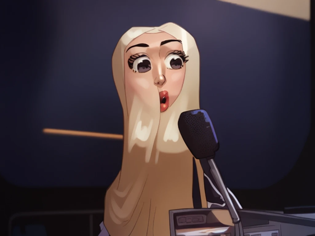 Woman in blue vest holding a microphone and a paper pig., she tit, Thick, new album cover, in a white t-shirt singing, tanned skin, leaked photo, pose, vocalist, profile headshot, leaked image, her navel is exposed, studio shot, taken in the early 2020s, album cover!