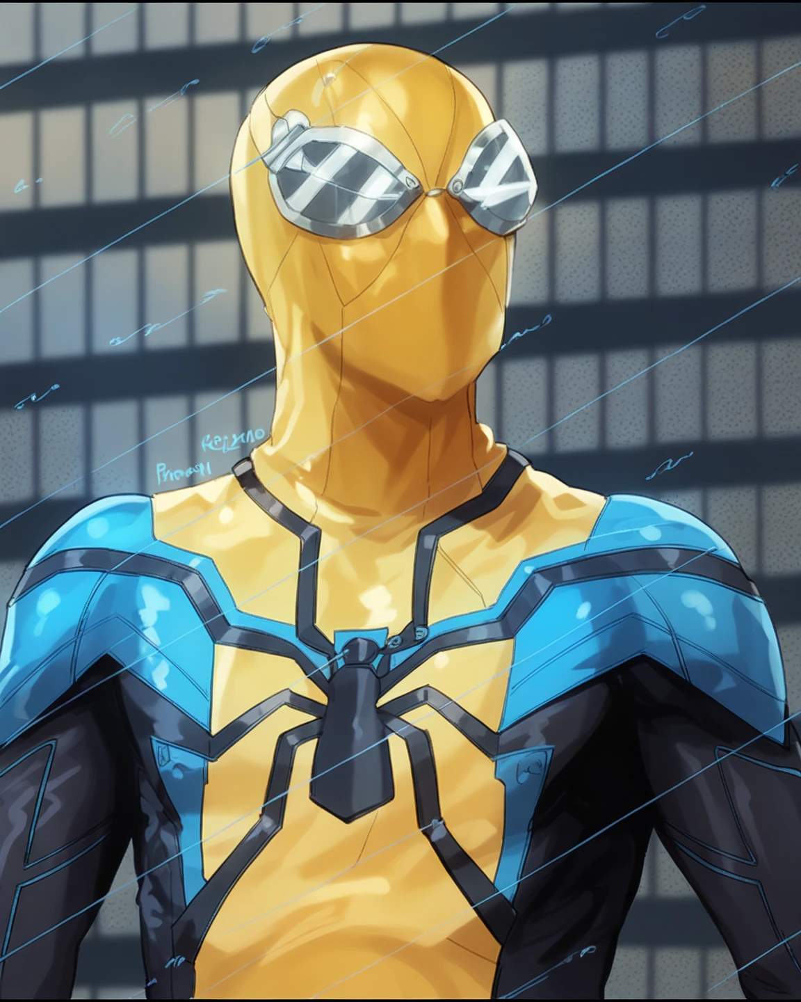 araffed man in a yellow and blue costume with a black helmet, blue and yellow spiderman, spiderman as wolverine, marvel comics dslr hdr, futuristic style spiderman, marvel comic book characters, spiderman as electro, highly detailed spider - man, style of marvel, marvel character, high detail iconic character, inspired by Ryan Stegman, marvel, portrait of spiderman