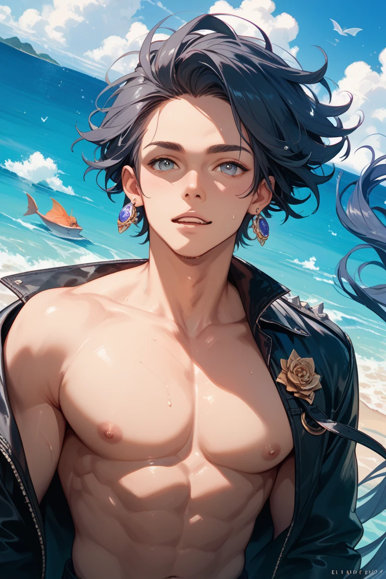 Beautiful Youth、Black Hair、Host wind、Bare-chested、Falcon motif necklace、An inappropriate smile