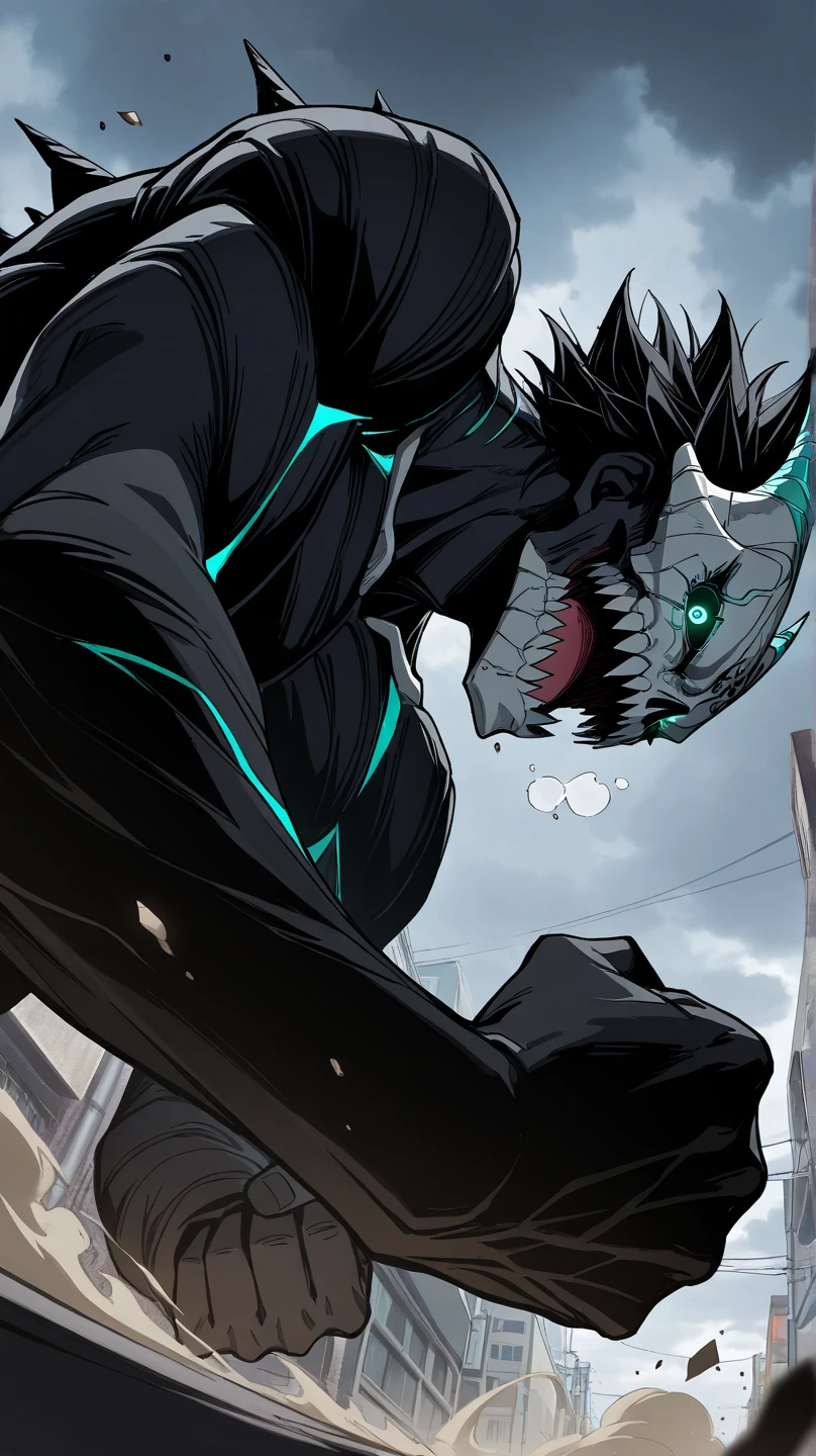 20 year old young man;
There's a shadow (monster) coming out of it;
There are many black hands around;
There's a cell phone floating around;
Short black hair with green highlights;
Wearing a hooded sweatshirt;
The thing that comes out of it looks like black mechanical goo like a symbiote
