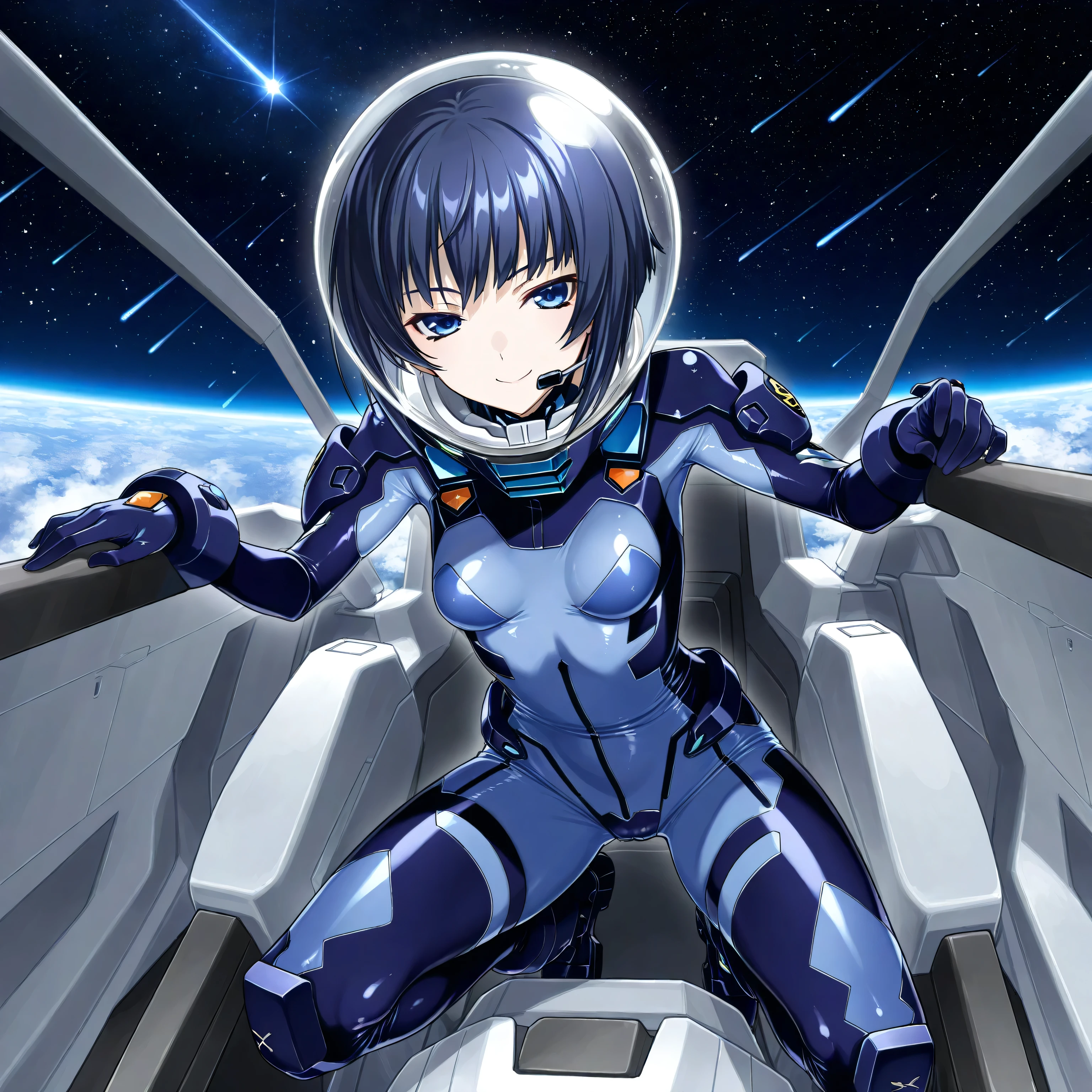 (masterpiece、best quality、highest resolution from vagina、 Clear Images 、 Detailed Details ):(full body、20 year old girl、the face of Japan、Xiaoyan、 Slim、 dark blue super short bob cut hair 、(Hidden small breasts:1.3)、 Sparkling Blue Eyes 、white and navy blue shiny pilot suit、Chest protection armor、tight clothes、full bodyを覆うwhite and navy blue shiny pilot suit、魅力的なwhite and navy blue shiny pilot suit、 fitted pants 、肌を隠すwhite and navy blue shiny pilot suit、very delicate and beautiful、胸を隠すwhite and navy blue shiny pilot suit、肩を隠すwhite and navy blue shiny pilot suit、More、太ももを隠すwhite and navy blue shiny pilot suit、お尻を隠すwhite and navy blue shiny pilot suit、cute、 gentle smile、a gentle expression、heroine、headset、long hard boots 、exoskeleton、Metal Gear、Cyberpunk Style、Gundam Pilot、attention arousal、 bubble helmet 、 space helmet, muvluv, space helm, eva helm,Transparent face guard,Complex and precise instruments、elbow length gloves、Eye shot 、 peace talks between fighting factions 、attention arousal、Clever Blue Eyes 、straight face 、gundamwingcockpit)、spaceship、Moon in the background、 Galactic Clouds in the Background 、Meteor Shower、Meteor Shower、Saturn、Neptune、comet