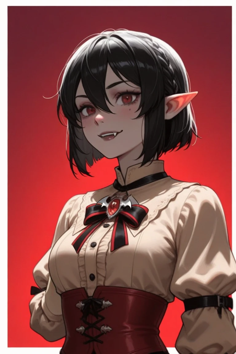 SFW (masterpiece, best quality, 32k) a teenage girl with medium black hair ((stark black hair, dark black hair, bangs, straight hair, bob, inverted bob, stylish bob)), ((pink eyes, ruby eyes, red eyes, brown eyes, bright eyes, beautiful eyes, detailed eyes, finely detailed eyes, highly detailed eyes)), ((youthful face, beautiful face, cute face, sexy face)), ((dark eyeshadow, dark eyeliner, full lips, small pointy ears)), ((pale skin:1.5, white skin, porcelain skin, smooth skin, soft skin)), standing, outside, outdoors, forest, lake, ((Fantasy clothes, fantasy outfit)) ((leather shirt, tight shirt, leather skirt, tight skirt, knee boots)), cleavage, ((huge breasts:1.7, round breasts:1.3, perky breasts:1.3)), ((slim:1.5, lithe:1.5, slender:1.5, thin:1.5, svelte:1.5, busty:1.2, buxom:1.2, supermodel body:1.2, fit body:1.2)), ((round hips, thin waist, waspish waist, slim waist)), ((long legs, slender legs)), small smile ((full lips)), calm expression, content expression, serene expression, happy expression, open eyes, large eyes, expressive eyes, head-to-waist portrait, cinematics, color oil painting, cinematic lighting, ((extremely detailed face)), ((finely detailed face)), Extremely detailed eyes, finely detailed eyes, beautiful face, beautiful eyes, perfect lighting, depth of field, (realistic proportions), (good anatomy), ((solo:1.6)), ((1girl:1.6))
